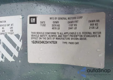 2003 Pontiac Bonneville Se z USA, uszkodzony, nr VIN 1G2HX54K234147624